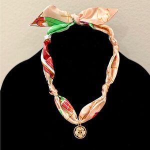 Silk Scarf Necklace with stamped Pendant